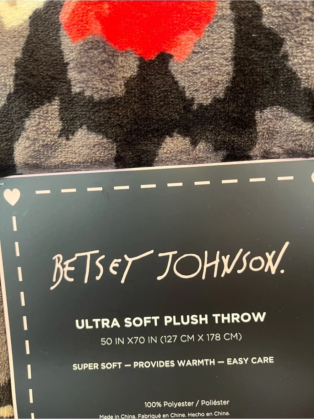 Betsey Johnson Ultra Soft Plush Throw Blanket- Black with Red Rose Print